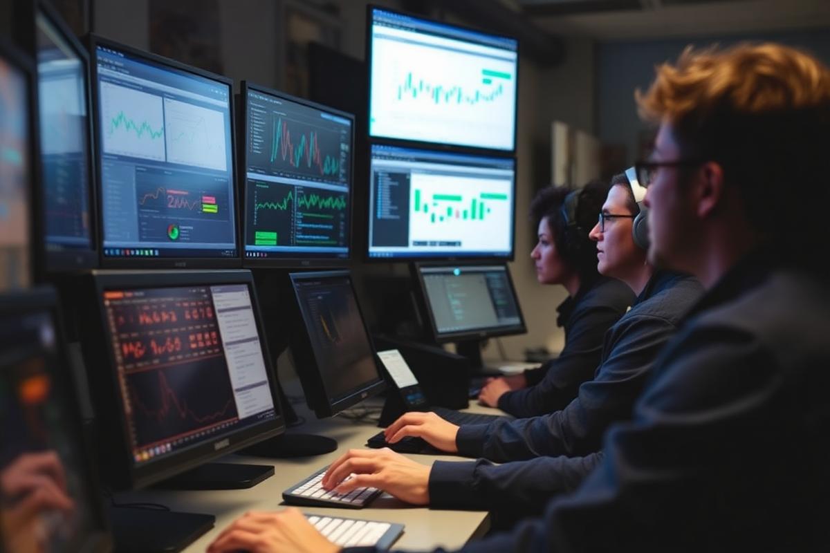 An operations team watching automated workflow dashboards on screens