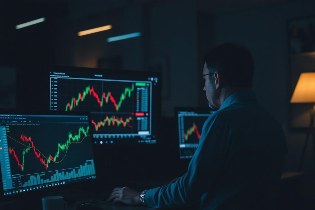 An analyst studying valuation charts on monitors at night