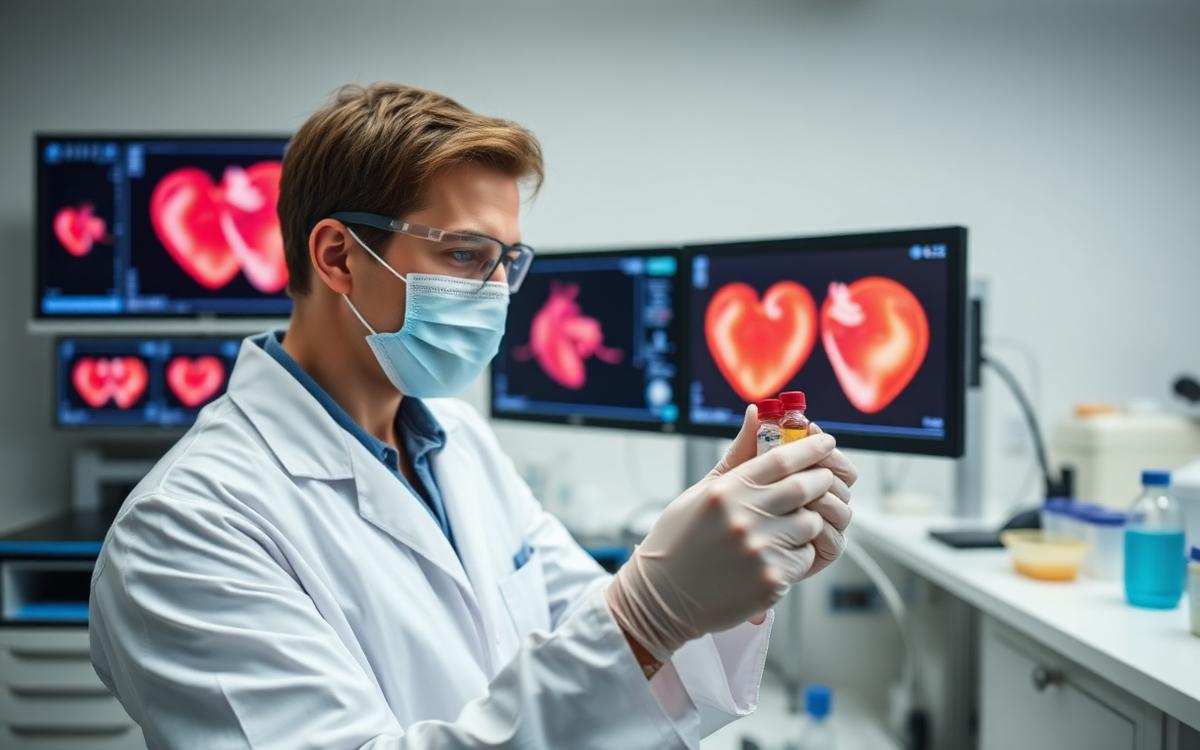 A researcher handling sample vials beside cardiac imaging screens in a biotech laboratory