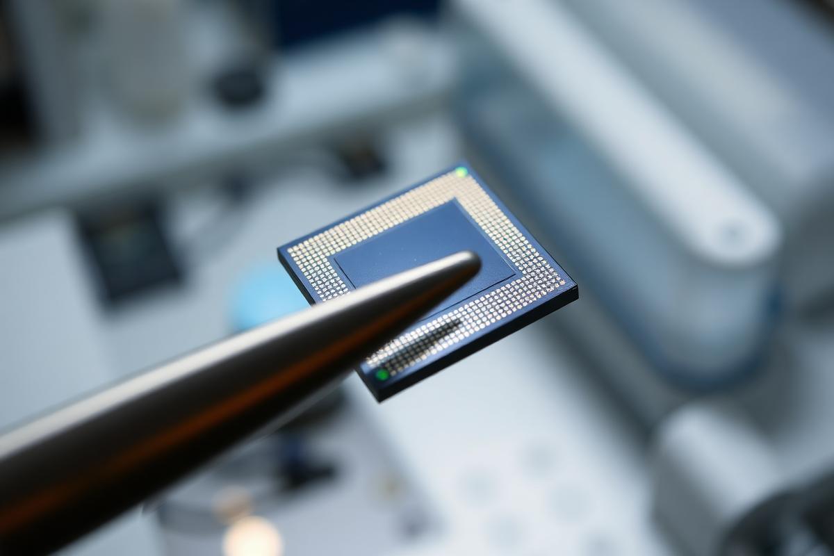 Macro photograph of a semiconductor chip held in tweezers