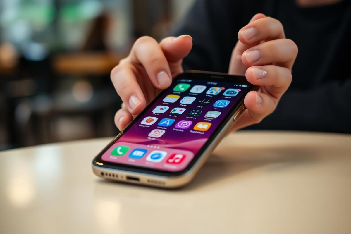 A person scrolling a smartphone home screen full of app icons