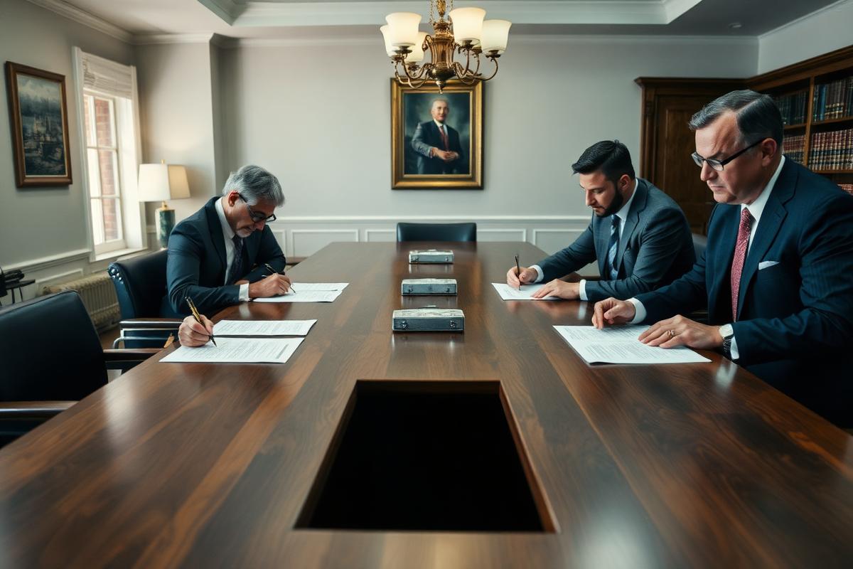 Dealmakers signing acquisition documents across a long table