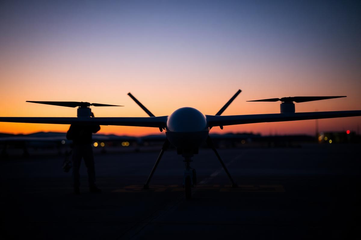 A reconnaissance drone on an airfield at dawn