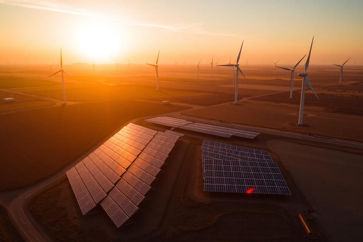 Aerial view of a solar array and wind turbines at sunset