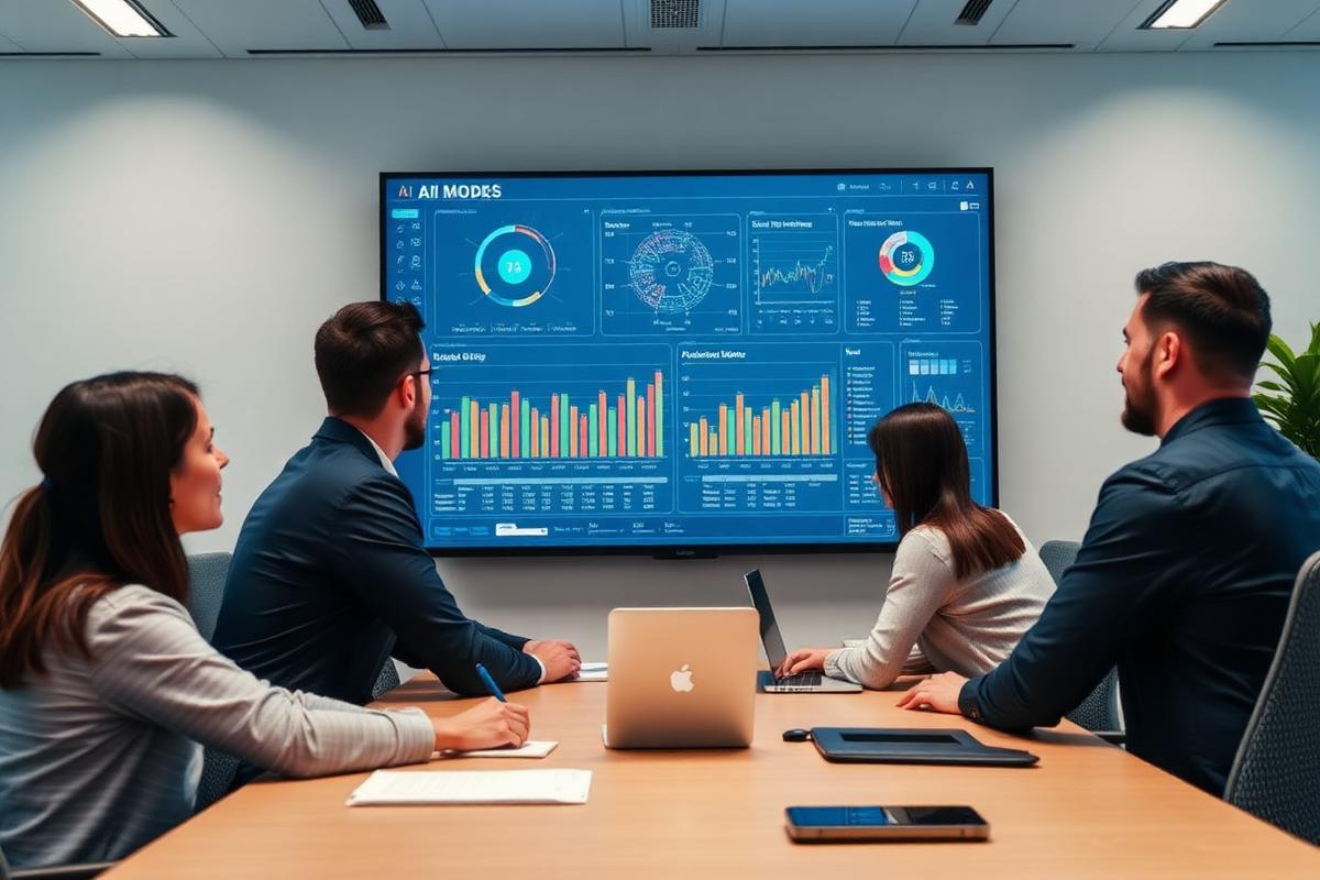 An enterprise team reviewing an AI model dashboard on a wall monitor