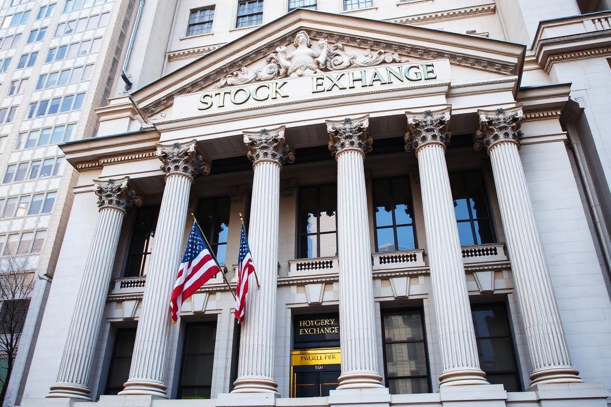 The columned facade of a stock exchange building