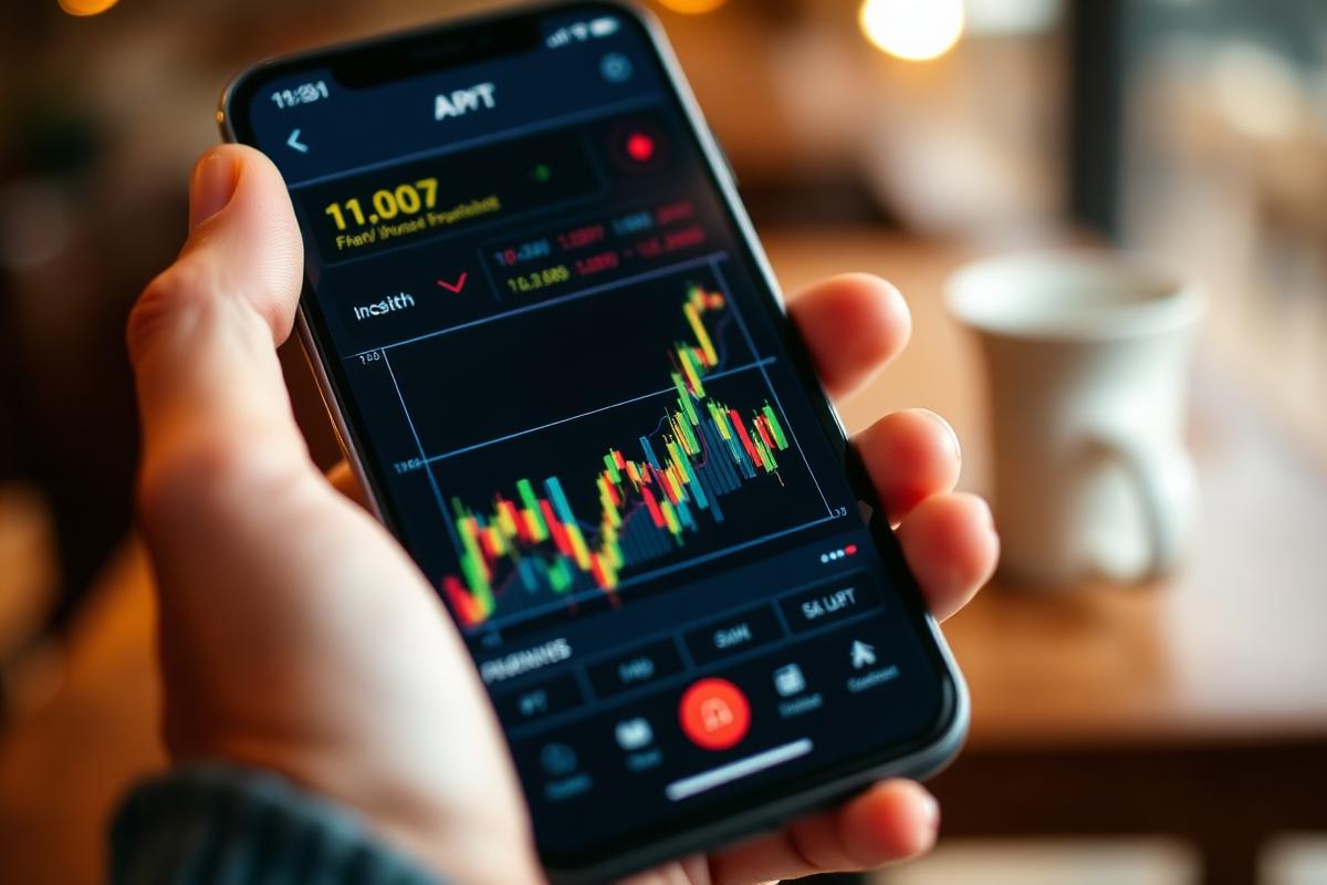 A hand holding a smartphone displaying an investing app chart