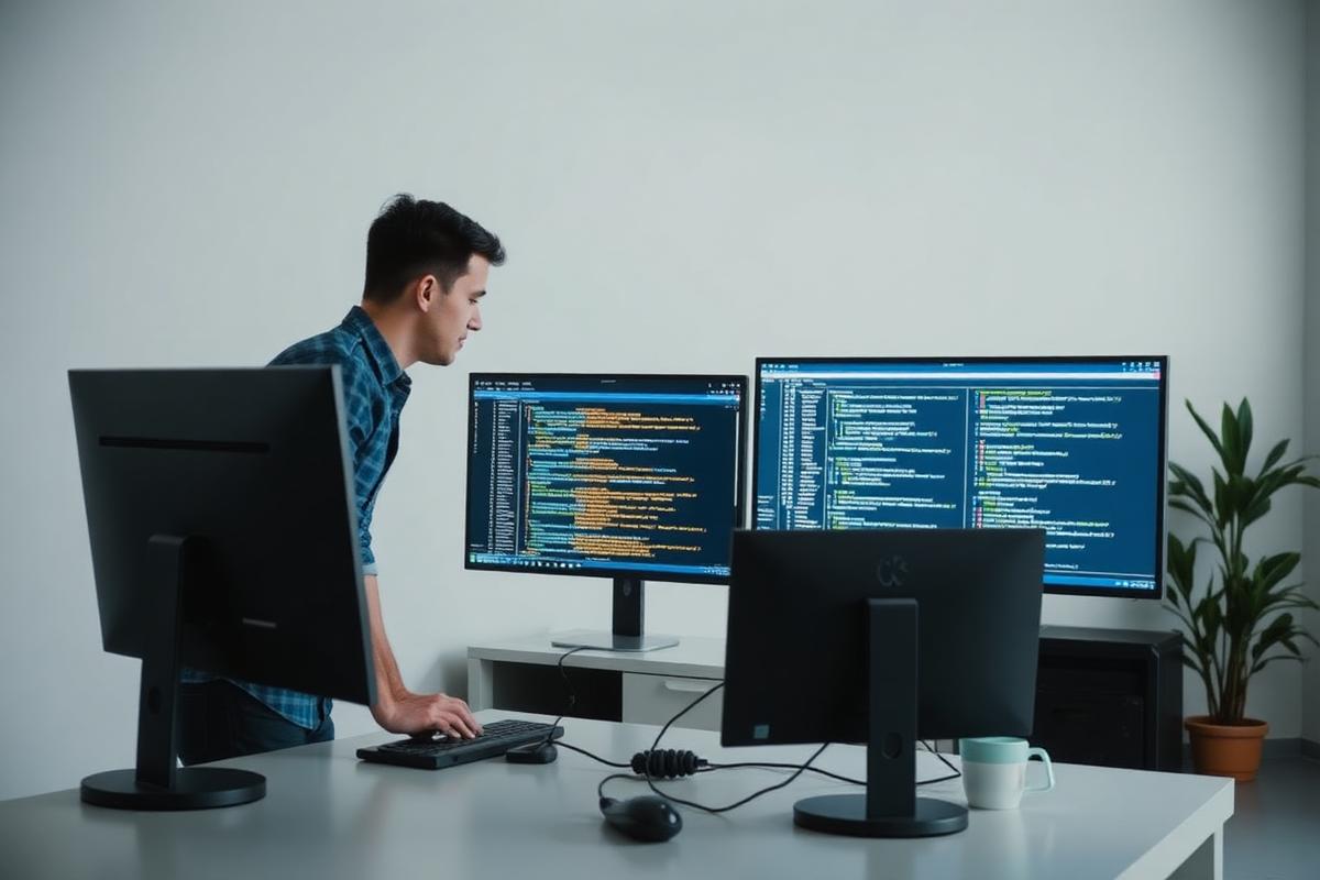 Two startup founders reviewing code on monitors in a bright office