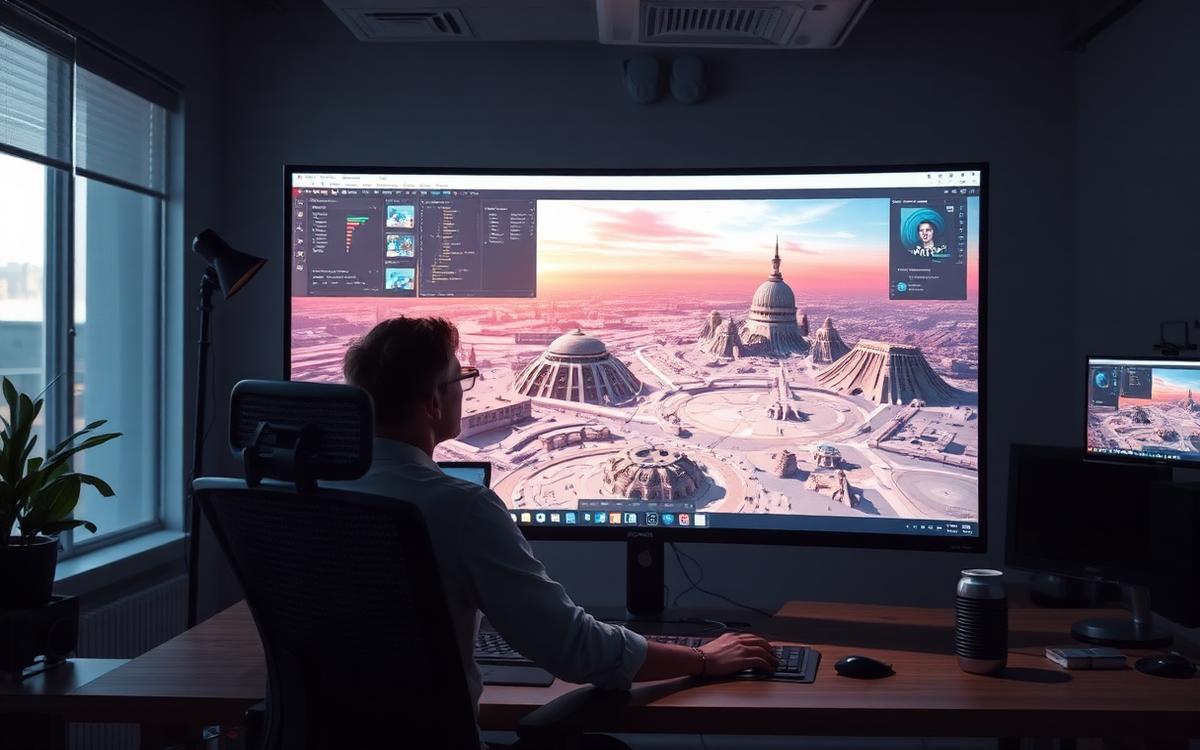 A designer reviewing AI-generated 3D world concepts on a large studio monitor