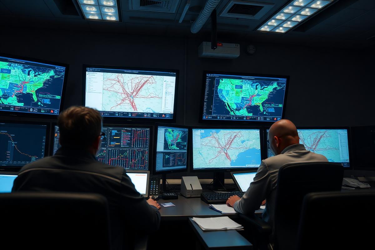 Operators monitoring transmission maps inside an electricity grid control room