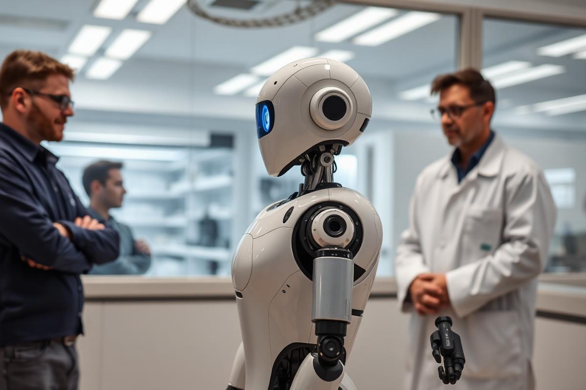 A humanoid robot observed by engineers in a research laboratory