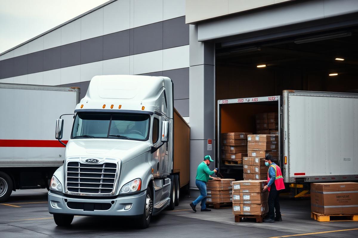 Trucks and workers moving pallets at a distribution centre loading dock