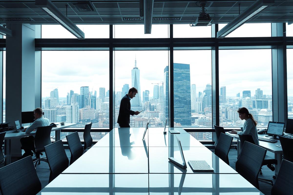 Researchers working in a London technology office overlooking the city skyline