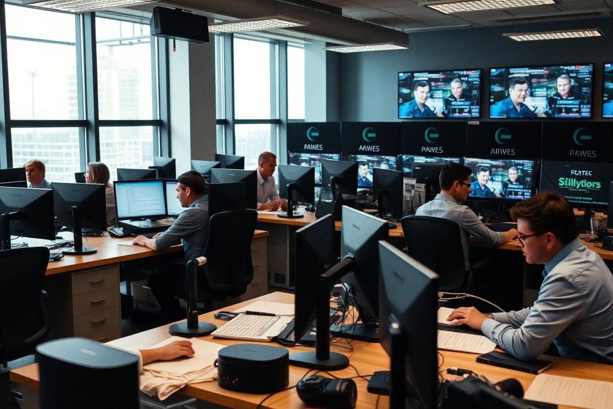 Journalists working at desks in a modern newsroom