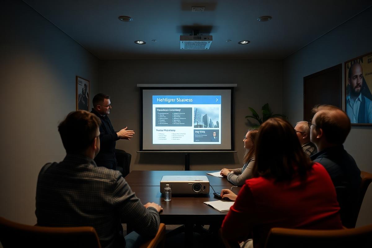 A founder presenting a pitch deck to investors in a meeting room