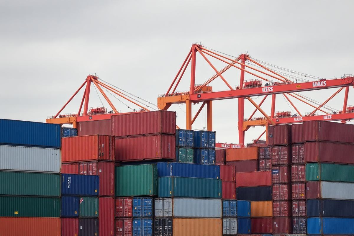 Shipping containers and gantry cranes at an international port