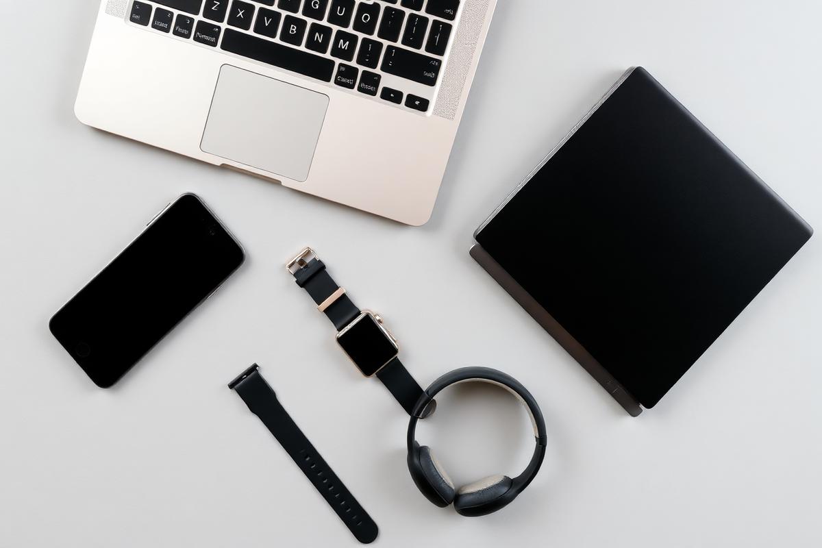 Flat lay of a laptop, phone, smartwatch and headphones