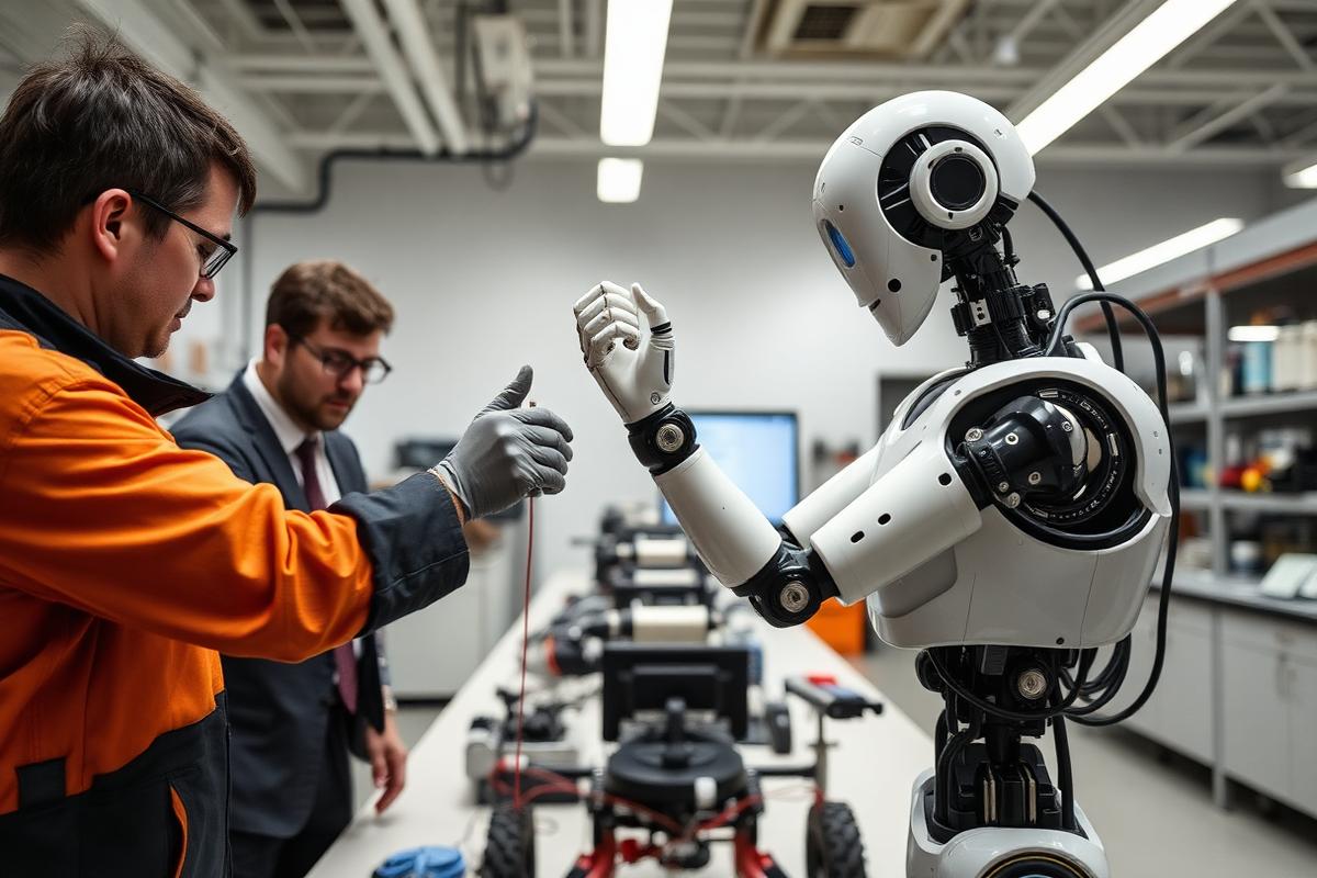 Engineers calibrating a humanoid robot in a robotics laboratory