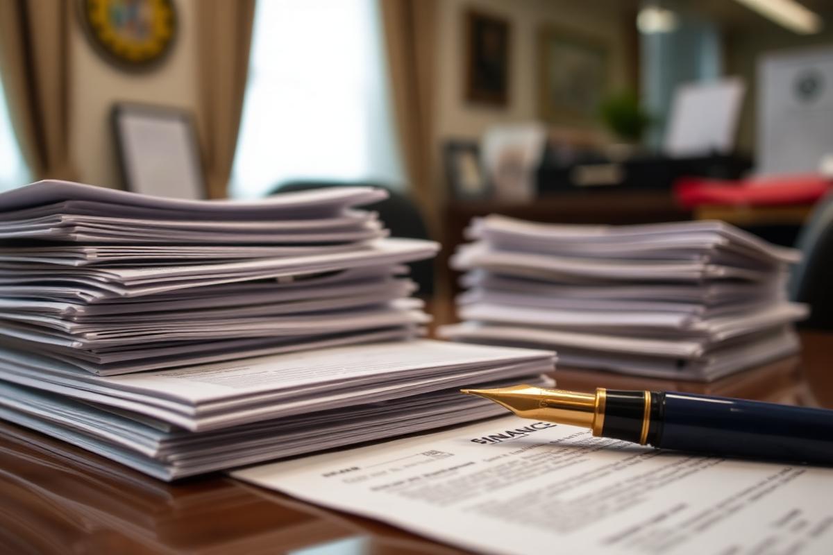 Stacks of signed financial contracts and a fountain pen on a desk