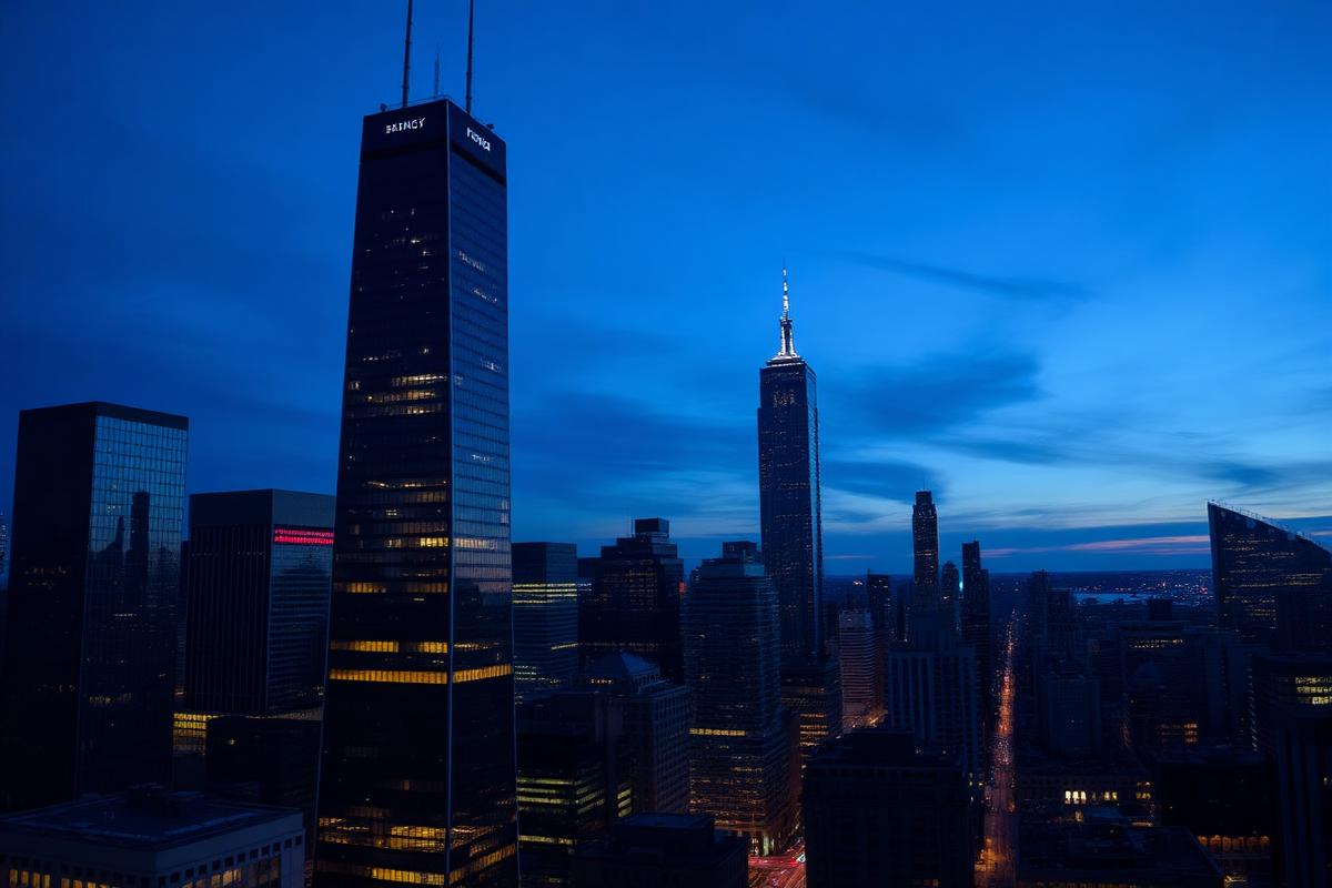 Financial district skyscrapers photographed at blue hour