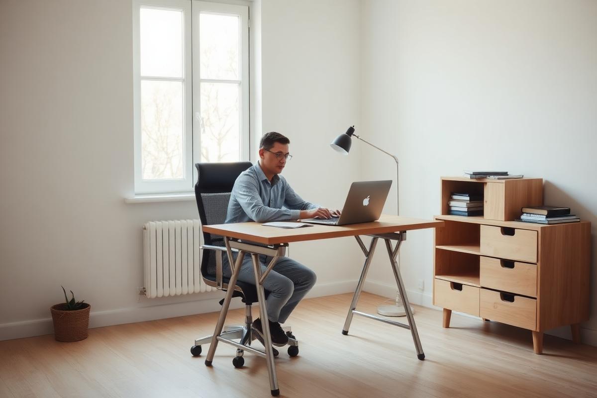 A solo investor working at a minimal desk in a quiet home office