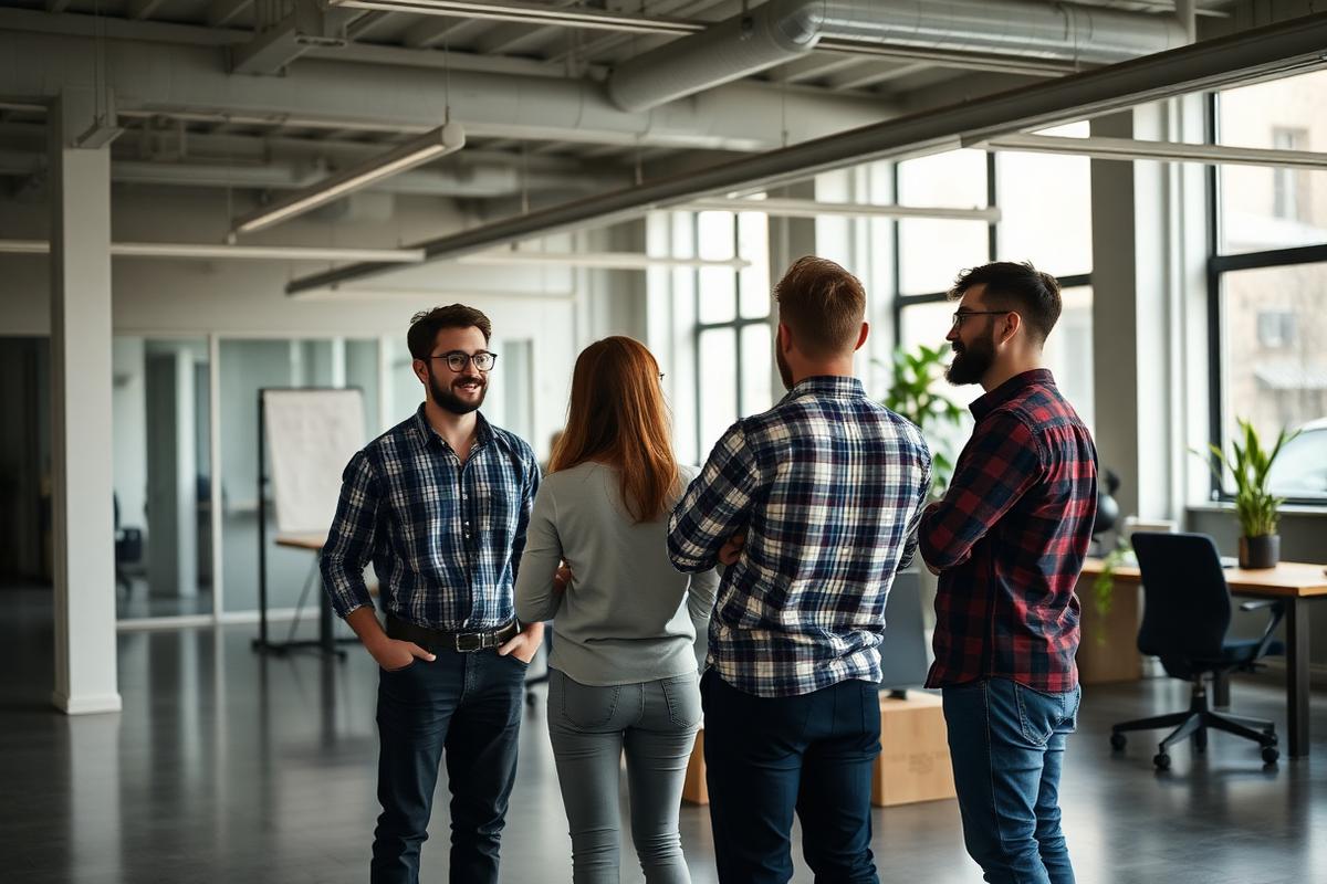 A small startup team holding a standup meeting in an open-plan office
